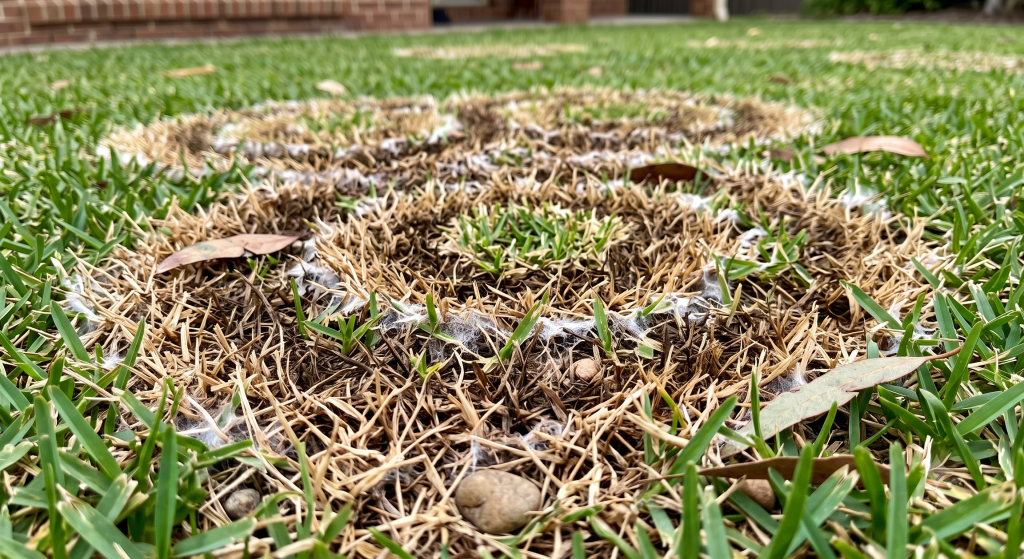 Close-up of brown patch disease on Australian residential lawn showing irregular circular patterns